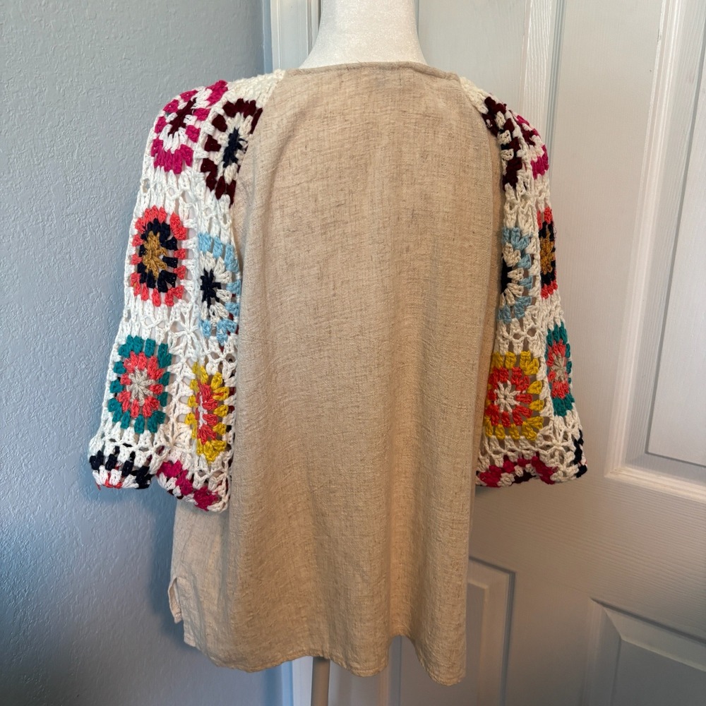 Umgee Linen Blend Crochet Boho Granny Square Sleeve Blouse Top Tan Multi L A0382 - Picture 3 of 12